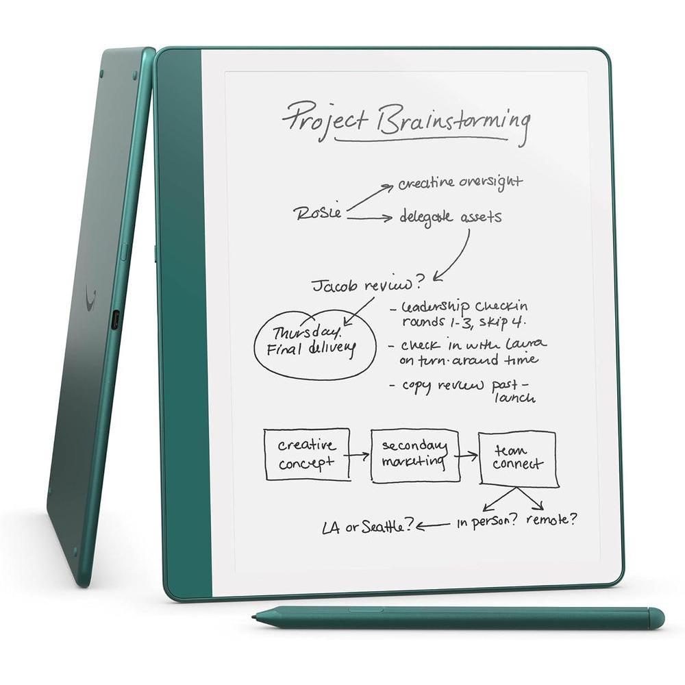New Amazon Kindle Scribe (64GB) - Redesigned display with uniform borders. Now write directly on books and documents. With built-in notebook summarization. Includes Premium Pen - Metallic Jade
