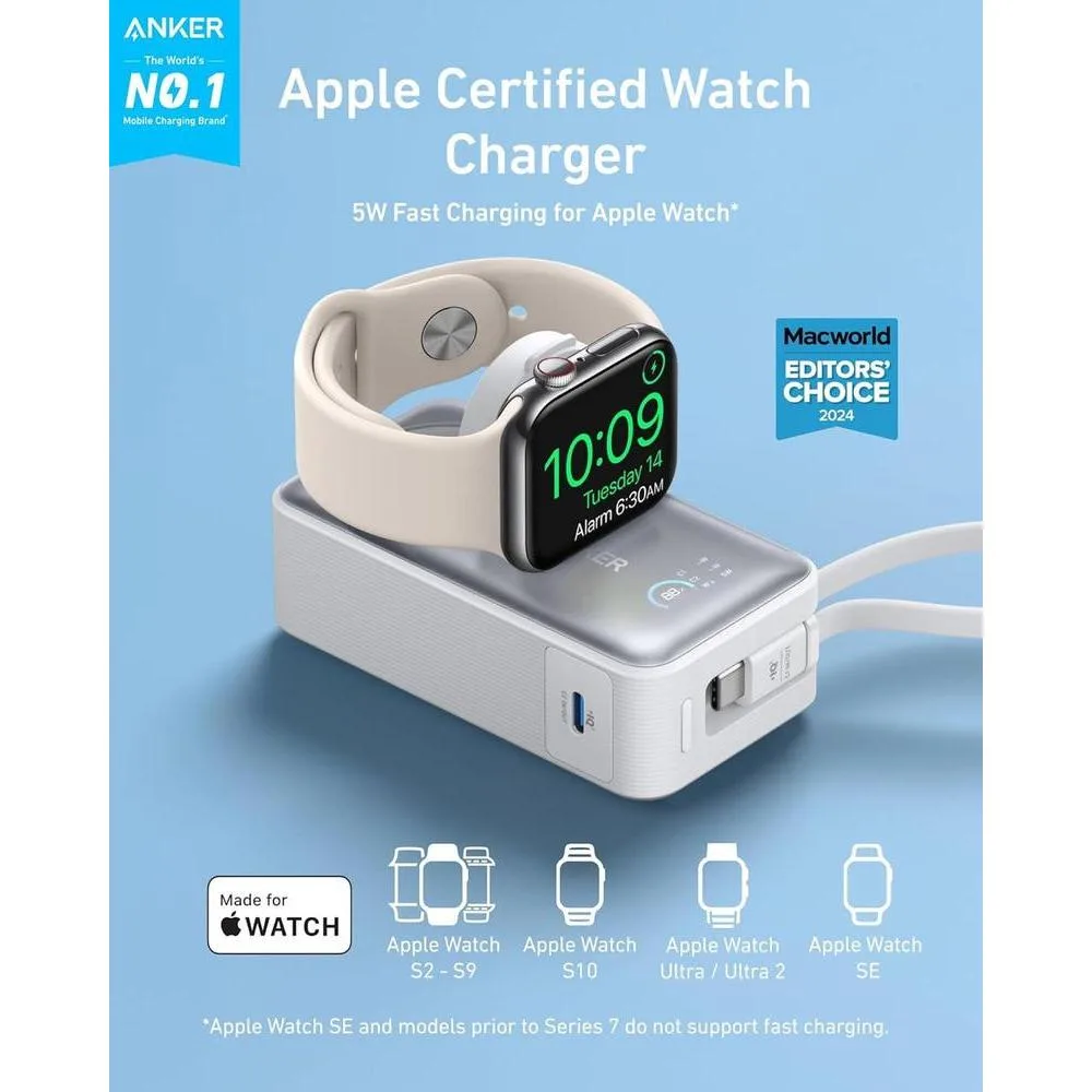 Anker MagGo Power Bank con certificación oficial para Apple, batería compacta de 10,000 mAh y cable USB-C integrado, para múltiples dispositivos