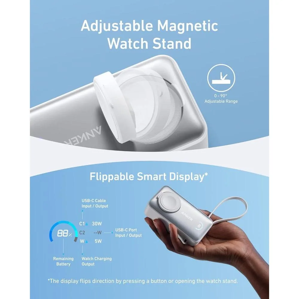Anker MagGo Power Bank con certificación oficial para Apple, batería compacta de 10,000 mAh y cable USB-C integrado, para múltiples dispositivos