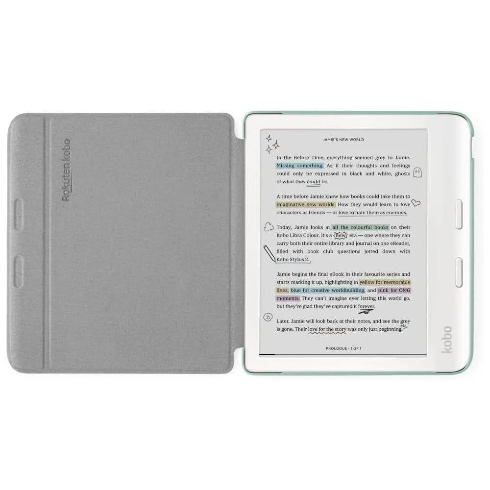 Funda Kobo Libra Colour SleepCover verde jardín, tecnología de sueño y despertador. Soporte 2 vías y cuero vegano