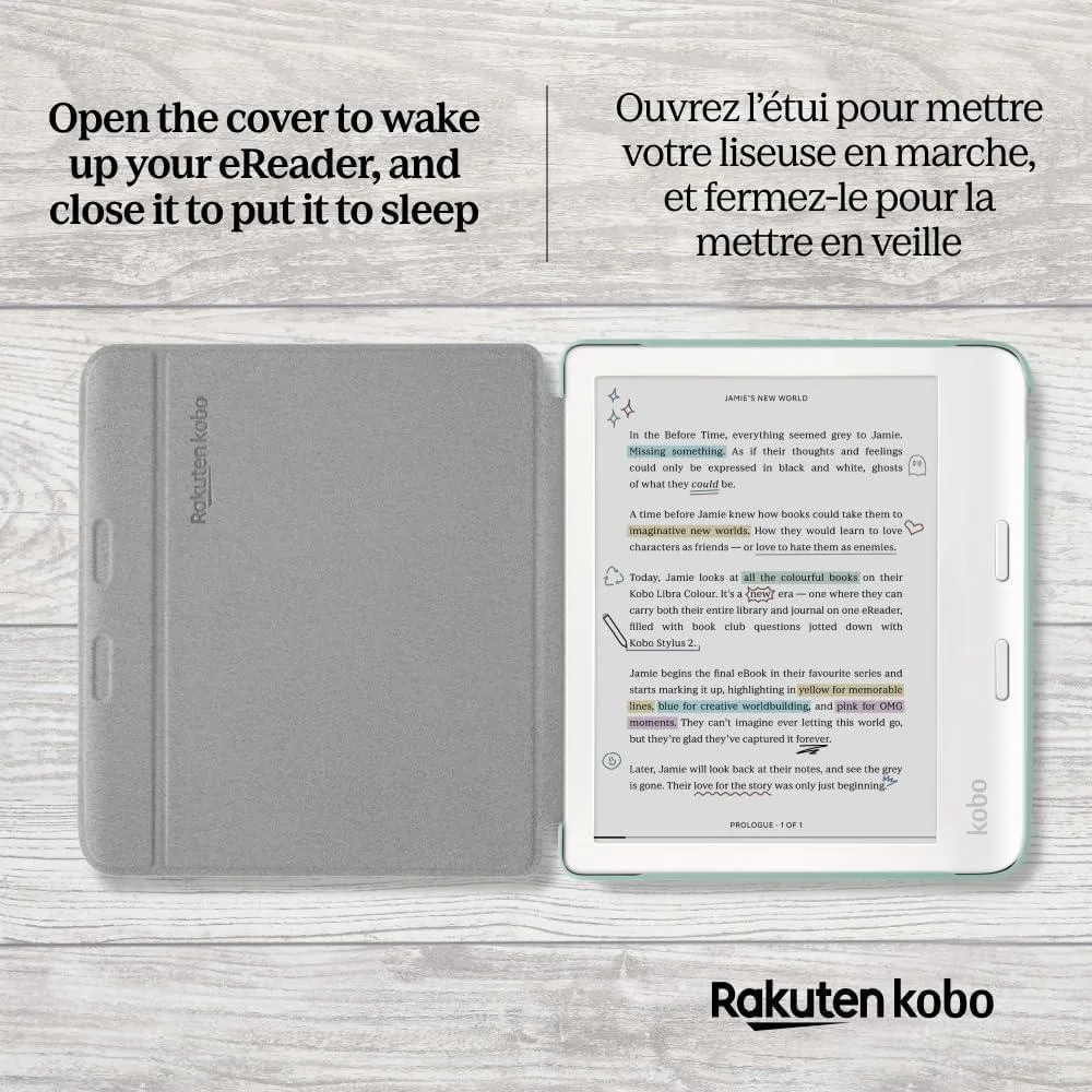 Funda Kobo Libra Colour SleepCover verde jardín, tecnología de sueño y despertador. Soporte 2 vías y cuero vegano