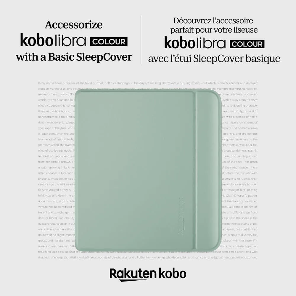 Funda Kobo Libra Colour SleepCover verde jardín, tecnología de sueño y despertador. Soporte 2 vías y cuero vegano