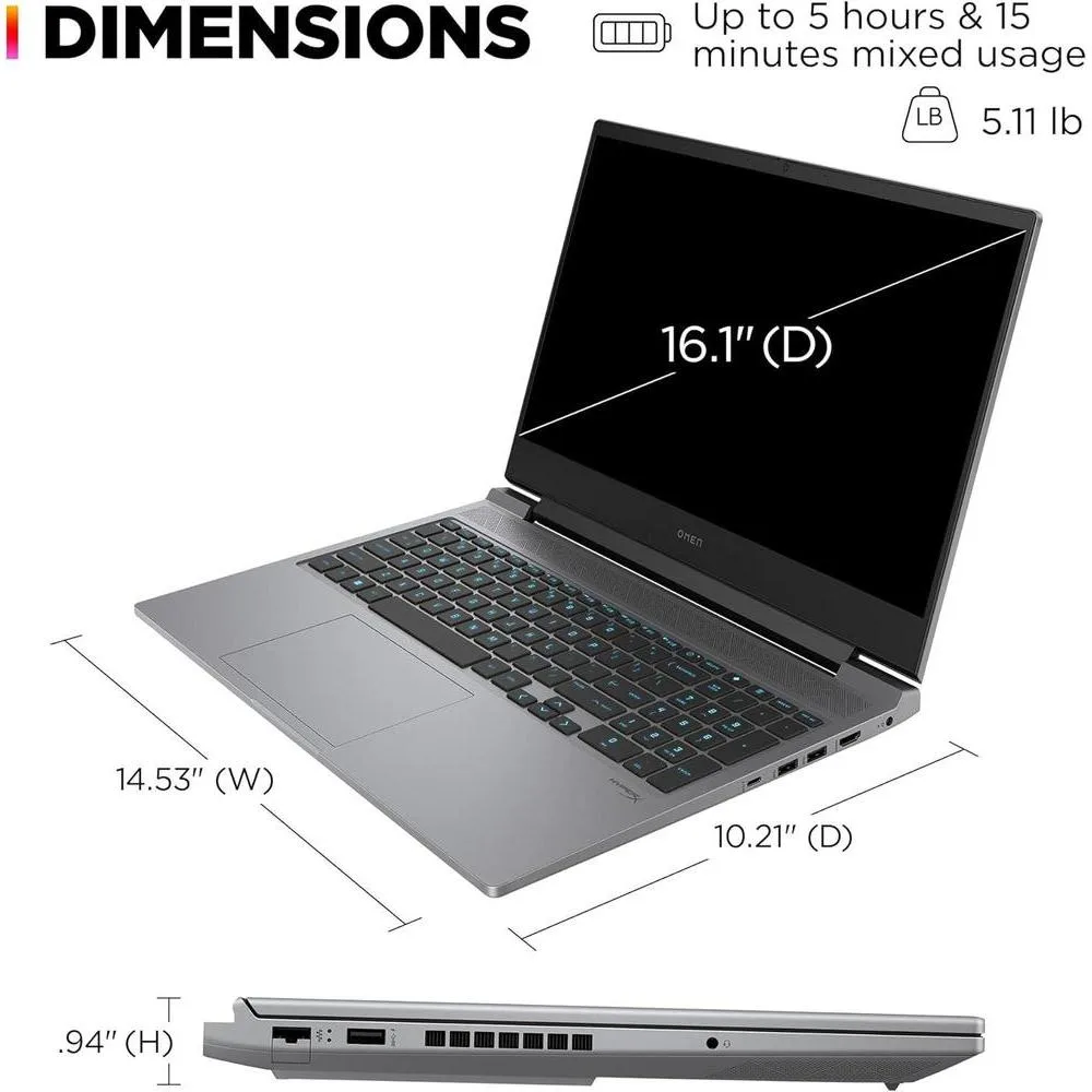HP OMEN - Laptop de 16 pulgadas, FHD 144 Hz, Intel i7-14700HX, 16 GB RAM, 512 GB SSD, NVIDIA RTX 4060 (8 GB dedicado), Win 11, 16-ae0009nr (2024)