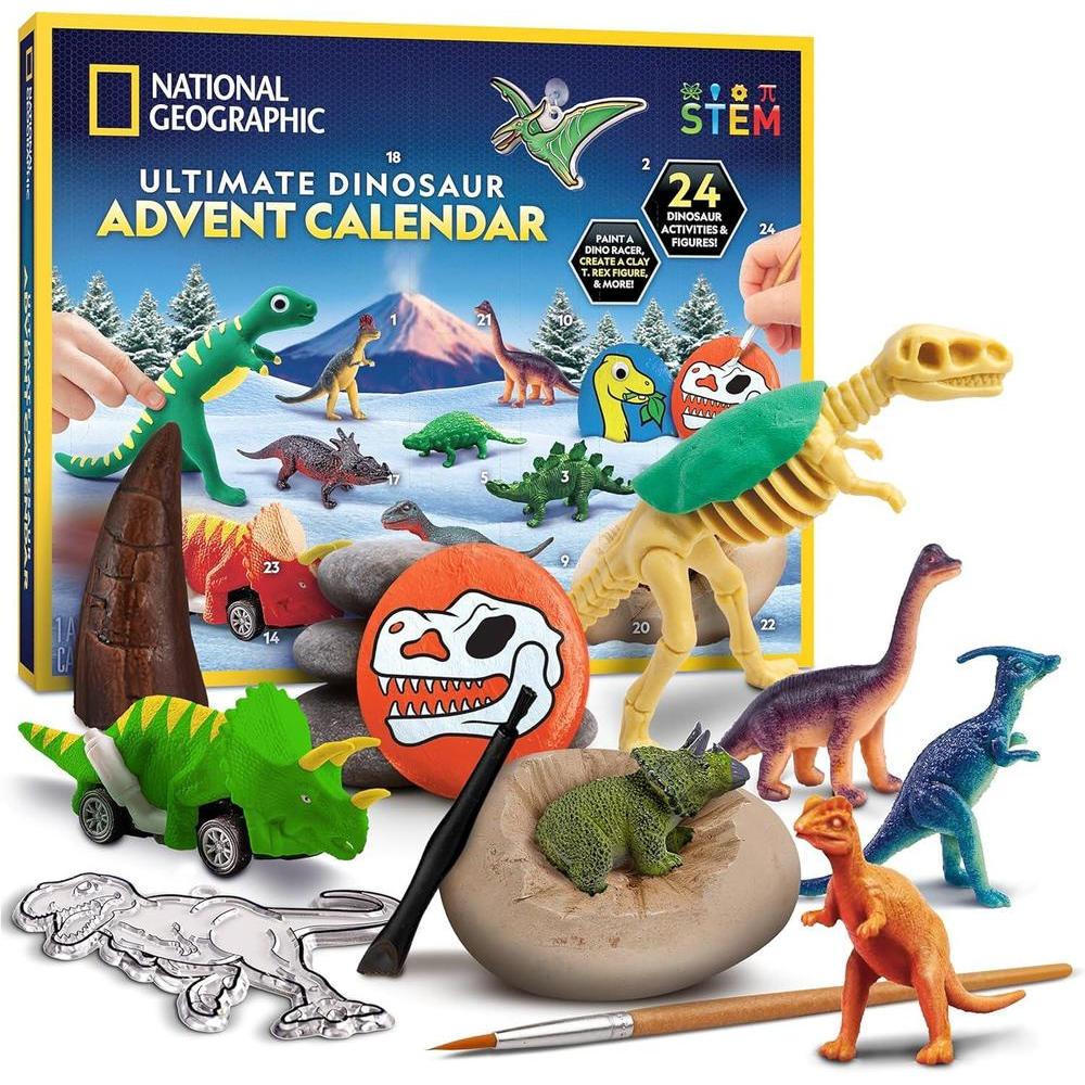 NATIONAL GEOGRAPHIC Dinosaur Advent Calendar 2024 - Christmas Countdown Calendar with 24 Dino Activities & Figures, Paint A Dinosaur Racer, Create a Clay T. Rex, Excavate a Dino Tooth Replica & More
