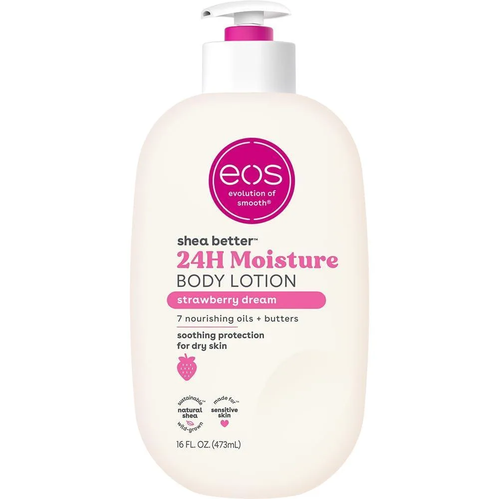 eos Loción Corporal Shea Better Strawberry Dream, Cuidado de la Piel Hidratante 24 Horas, Ligera y Sin Grasa, Shea Natural, Vegana, Loción Corporal de Fresa, 16 fl oz