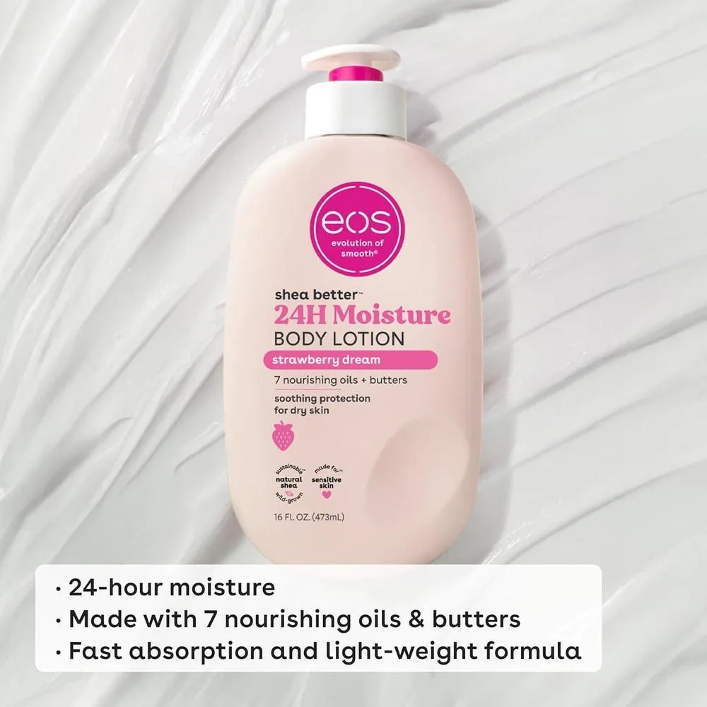 Eos Loción Corporal Shea Better Strawberry Dream, hidratante vegana 24 horas, aroma fresa, ligera y no grasa