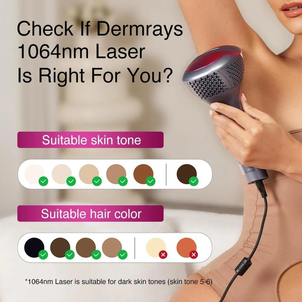 Depiladora láser de diodo DermRays para pieles oscuras con tecnología 1064nm, reducción de cabello permanente. Ideal para hombre y mujer