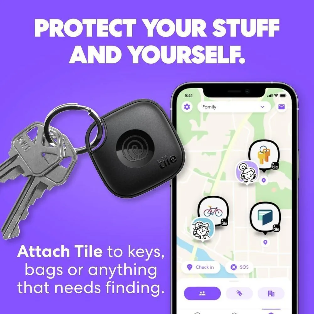 Tile Mate - Rastreador Bluetooth Life360 para llaves, objetos y teléfono, compatible con iOS y Android, color negro/blanco