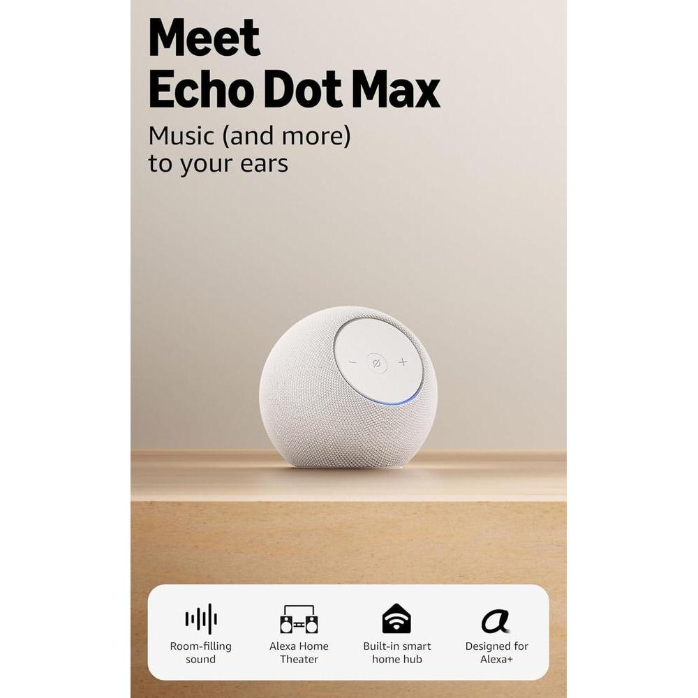 Amazon Echo Dot Max (newest model), Alexa speaker with room-filling sound and built-in smart home hub, designed for Alexa+, Glacier White