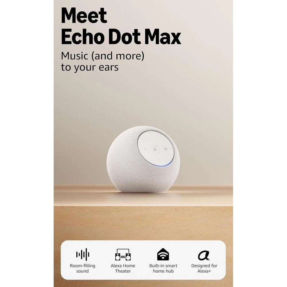 Amazon Echo Dot Max (newest model), Alexa speaker with room-filling sound and built-in smart home hub, designed for Alexa+, Glacier White
