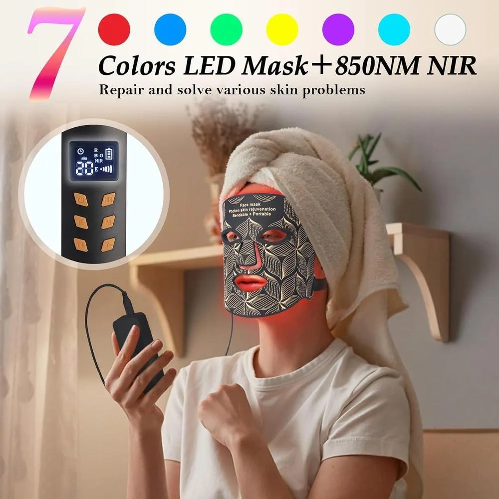 Mascarilla LED con terapia de luz roja e infrarroja, 7+1 colores para el cuidado facial avanzado. Recargable y portátil