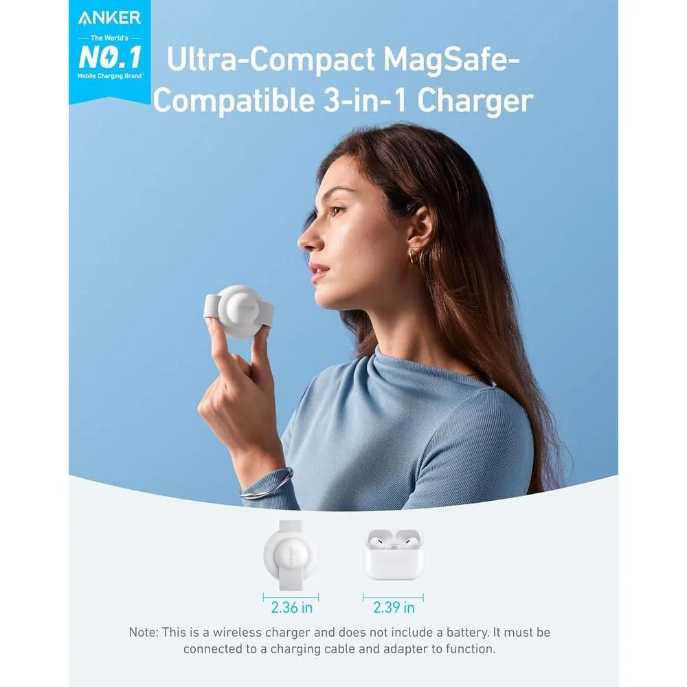 Anker MagSafe MagGo UFO Cargador 3 en 1, estación inalámbrica para iPhone, AirPods y Apple Watch, plegable para viajes