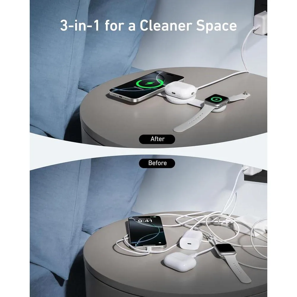 Anker MagSafe MagGo UFO Cargador 3 en 1, estación inalámbrica para iPhone, AirPods y Apple Watch, plegable para viajes