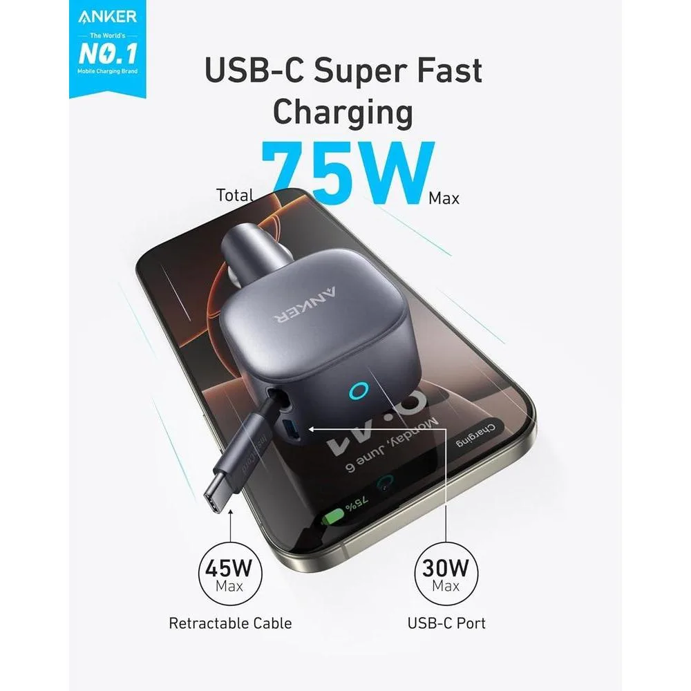 Anker Cargador de coche USB-C, carga rápida de 75W, ultracompacto con cable retráctil para múltiples dispositivos