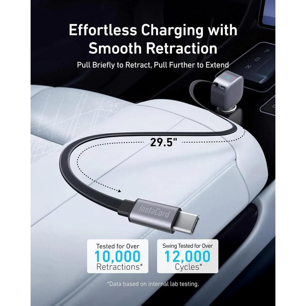 Anker Cargador de coche USB-C, carga rápida de 75W, ultracompacto con cable retráctil para múltiples dispositivos