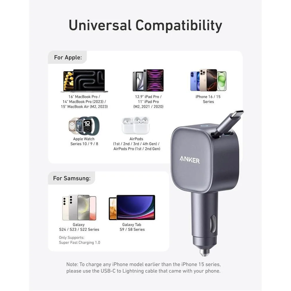 Anker Cargador de coche USB-C, carga rápida de 75W, ultracompacto con cable retráctil para múltiples dispositivos