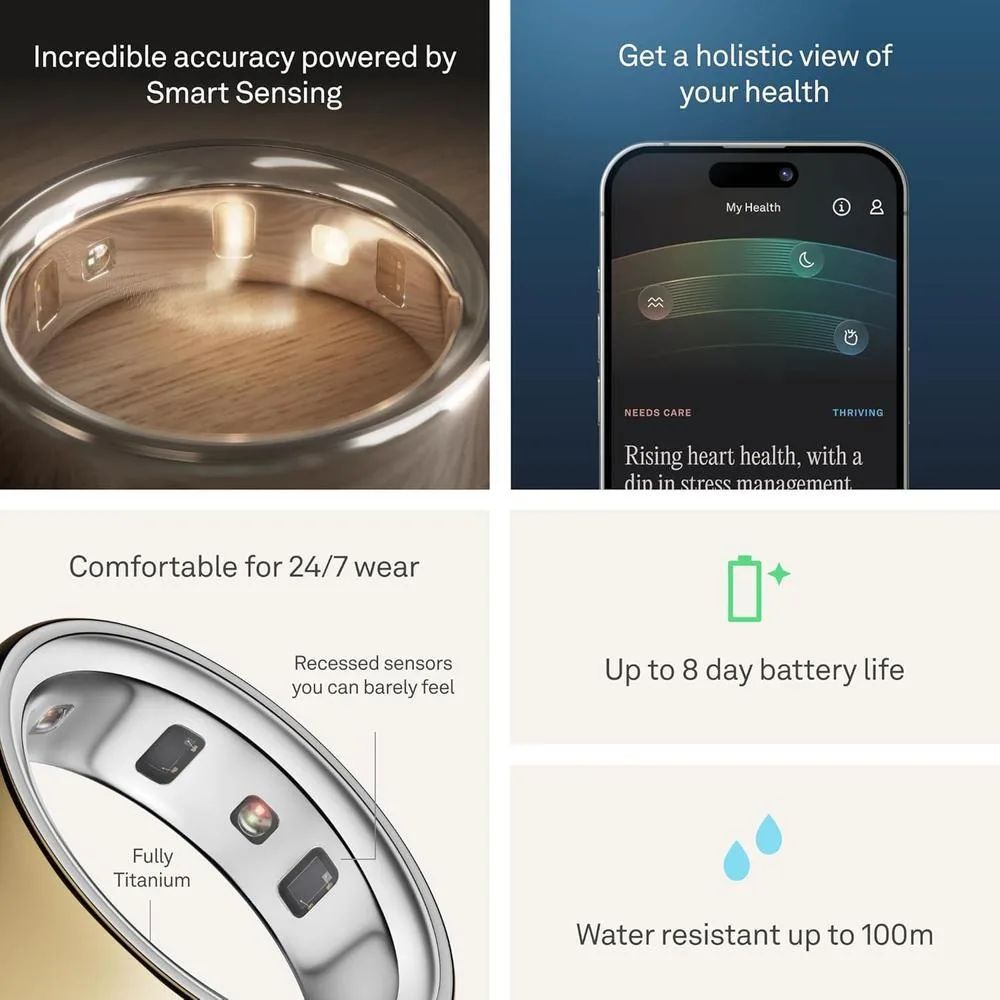 Oura Ring 4 en Oro, seguimiento de salud integral, compatible con iOS y Android, resistente y cómodo