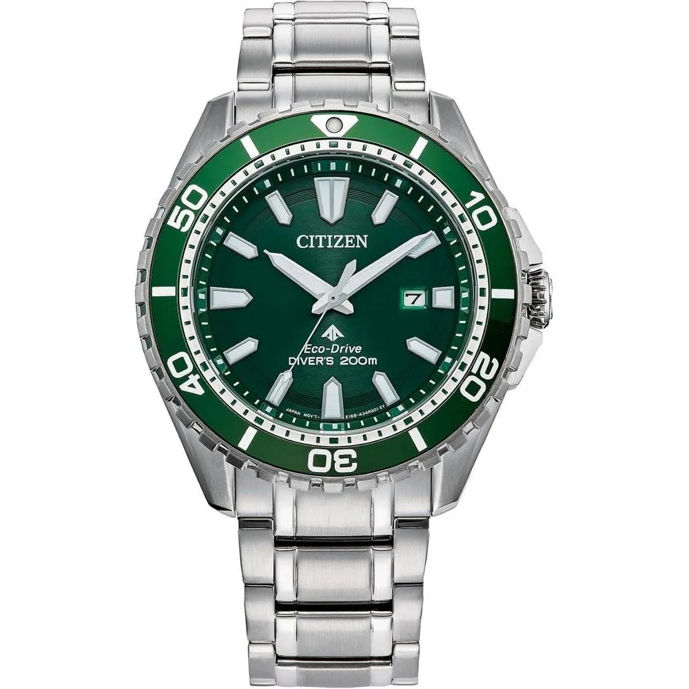 Citizen Men's Eco-Dive Promaster Dive, Silver-Tone Stainless Steel Bracelet Watch, Green Dial, 3 Hand, Date (Model: BN0199-53X)