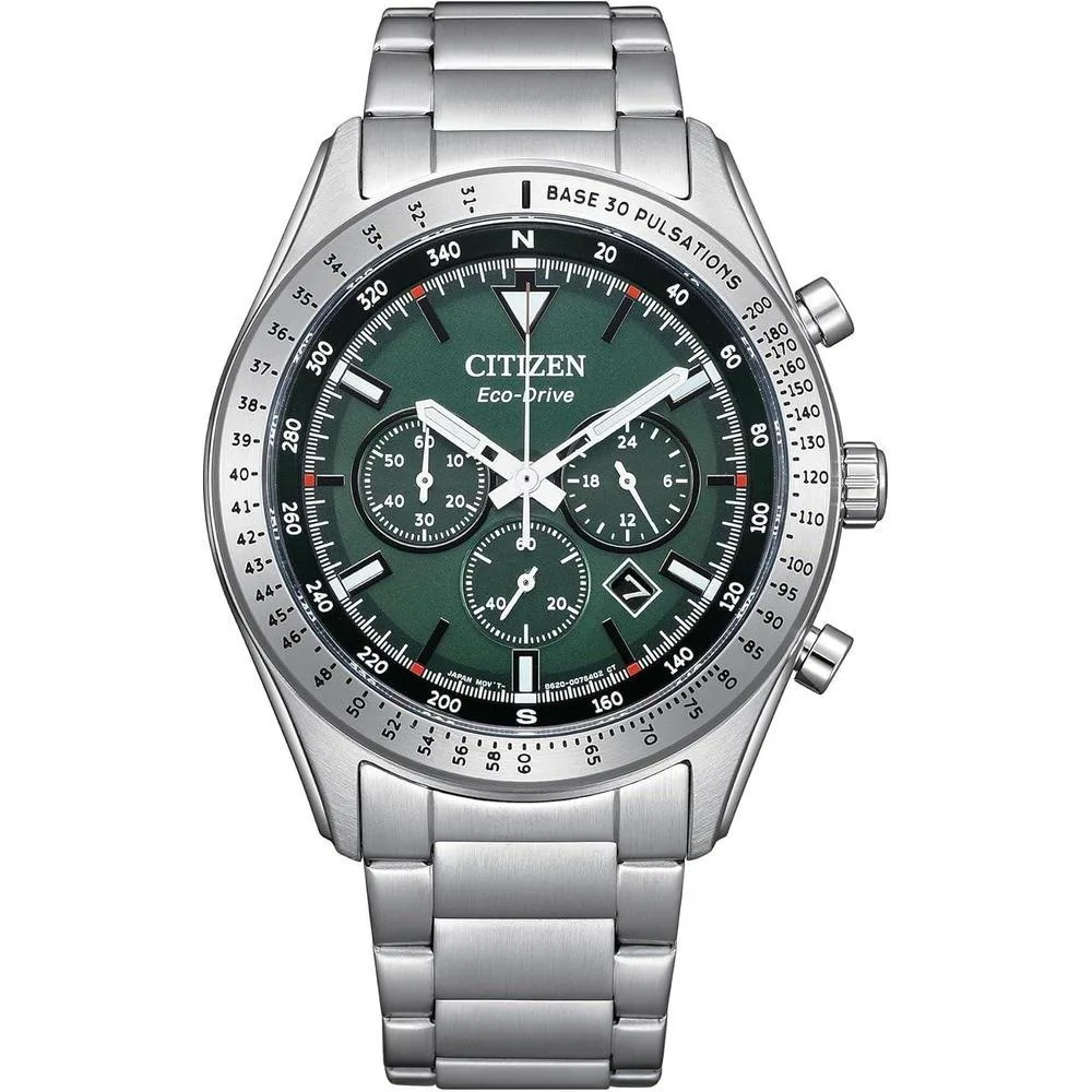 Citizen Men's Eco-Drive Weekender Sport Casual, Silver-Tone Stainless Steel Bracelet Watch, Chronograph, Green Dial (Model: CA4600-89X)