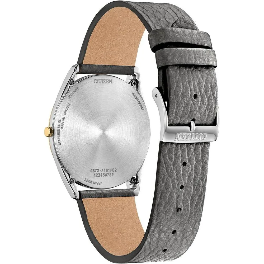 Citizen Reloj unisex Eco-Drive Classic Eco, acero inoxidable de dos tonos, correa de cuero gris, modelo AR3124-07H