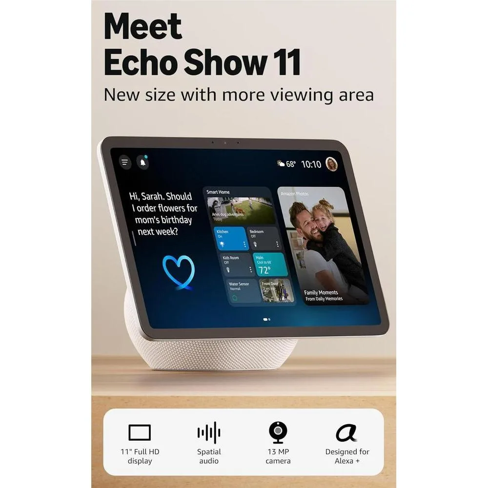 Amazon Echo Show 11 (newest model), Vibrant Full-HD 11" display with more viewing area and spatial audio, designed for Alexa+, Glacier White