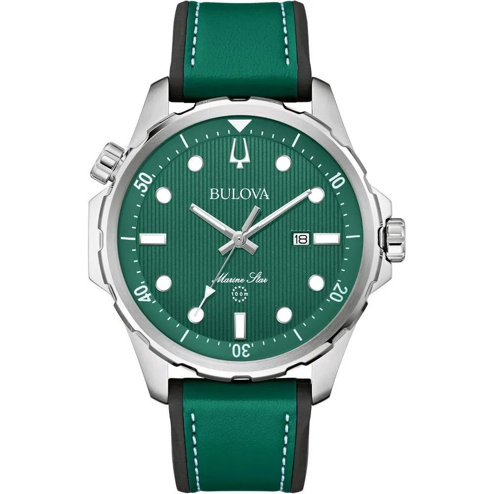 Bulova Men's Marine Star Quartz Silver Stainless Steel Watch, Leather and Silicone Strap, 100M Water Resistant, 43mm
