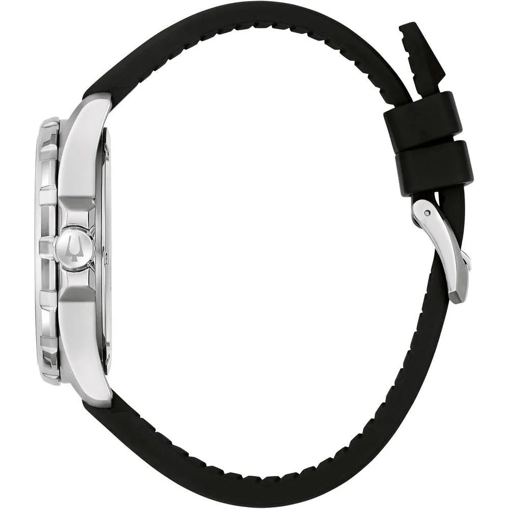 Bulova Reloj Marine Star de cuarzo plateado de acero inoxidable para hombre, correa de cuero y silicona, resistente al agua