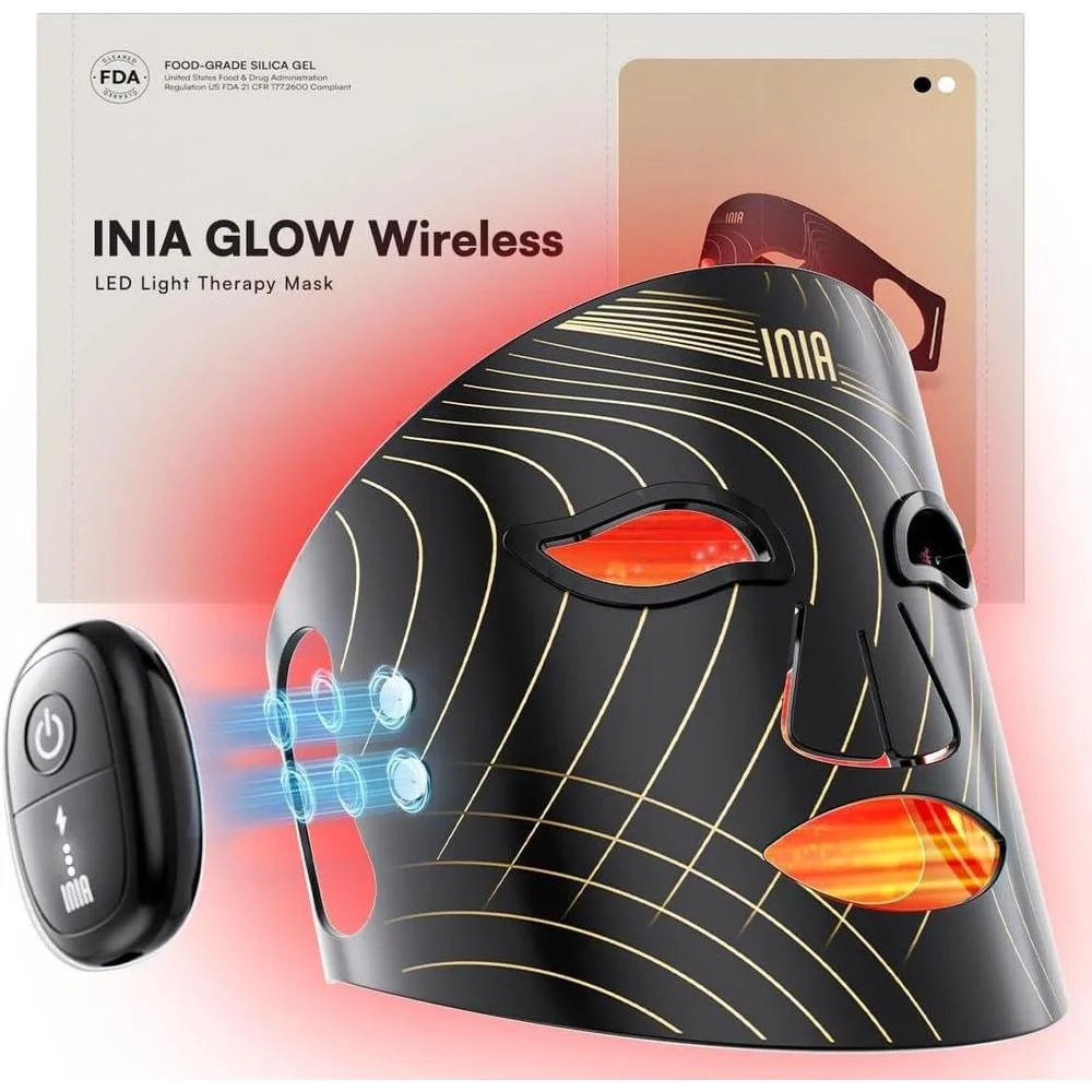 INIA Máscara de terapia de luz roja para cara, máscara facial LED inalámbrica con terapia de luz roja infrarroja cercana (NIR), diseño recargable y ergonómico para el hogar y viajes