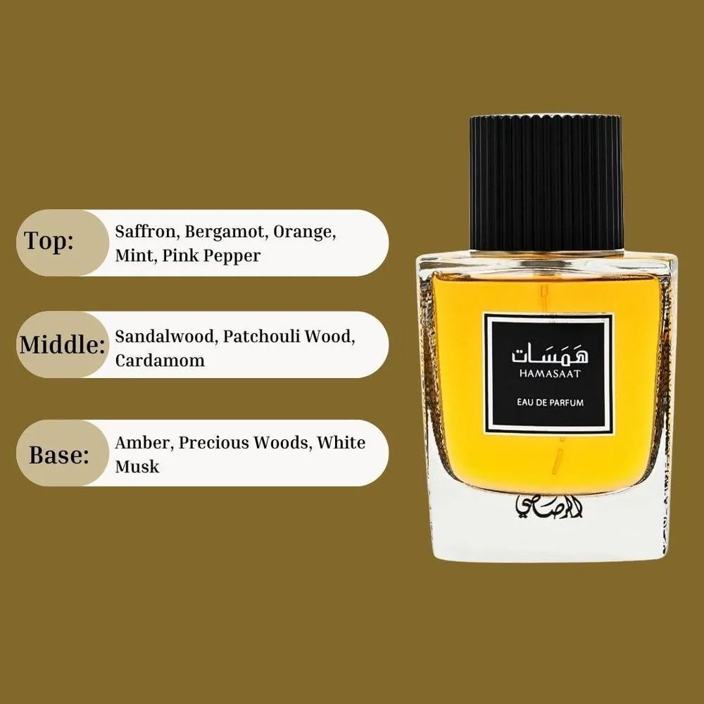 RASASI Hamasaat Eau De Parfum Spray - Perfume árabe para hombres con fragancia refrescante, amaderada y almizclada