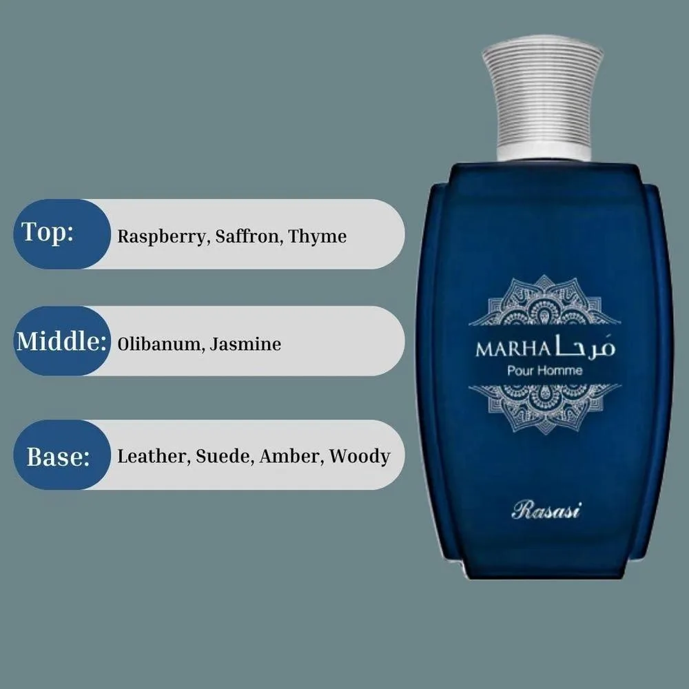 RASASI Marha Eau De Parfum, perfume árabe duradero para hombres con notas cálidas, florales y masculinas, ideal para toda ocasión