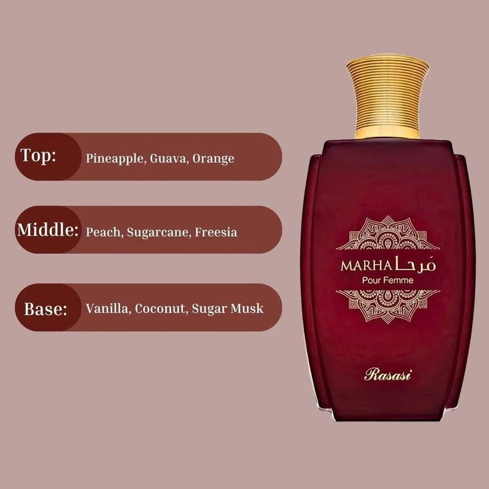 RASASI Marha Eau De Parfum para mujer – perfume árabe refrescante de fragancia afrutada y cítrica, aroma femenino de lujo duradero