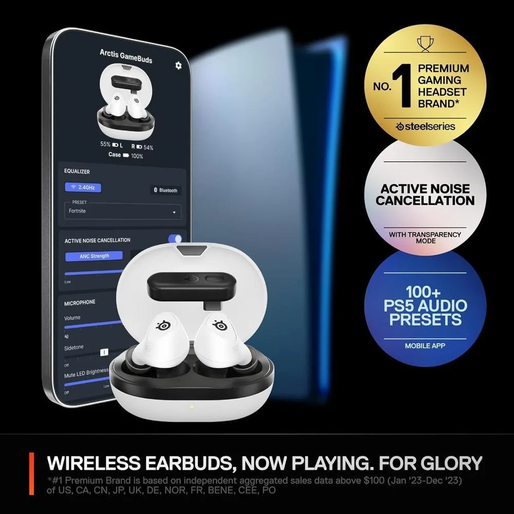 SteelSeries Arctis GameBuds con Switch Wireless 2.4GHz, Bluetooth 5.3, cancelación de ruido, presets de audio, batería 40H - Blanco