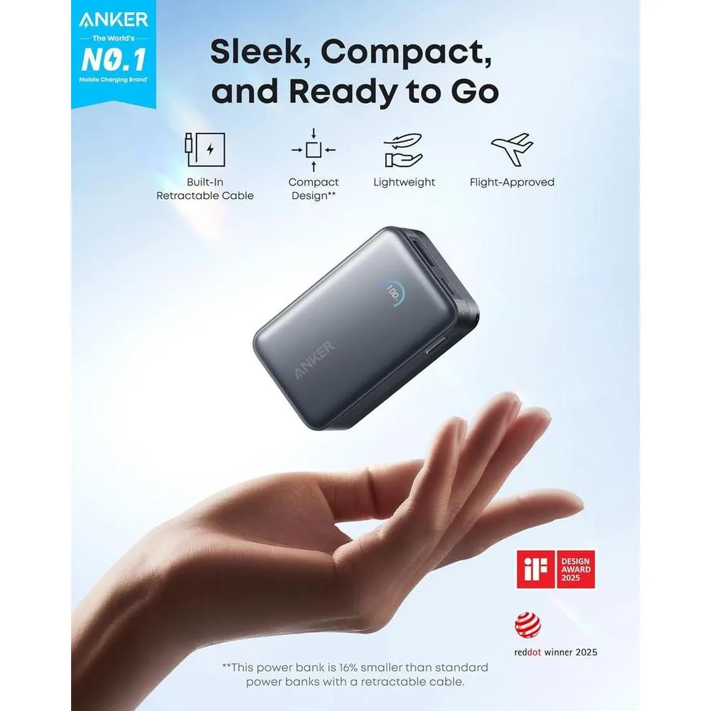 Anker Nano Power Bank, cargador portátil de 10,000 mAh con cable retráctil de alta potencia y pantalla inteligente