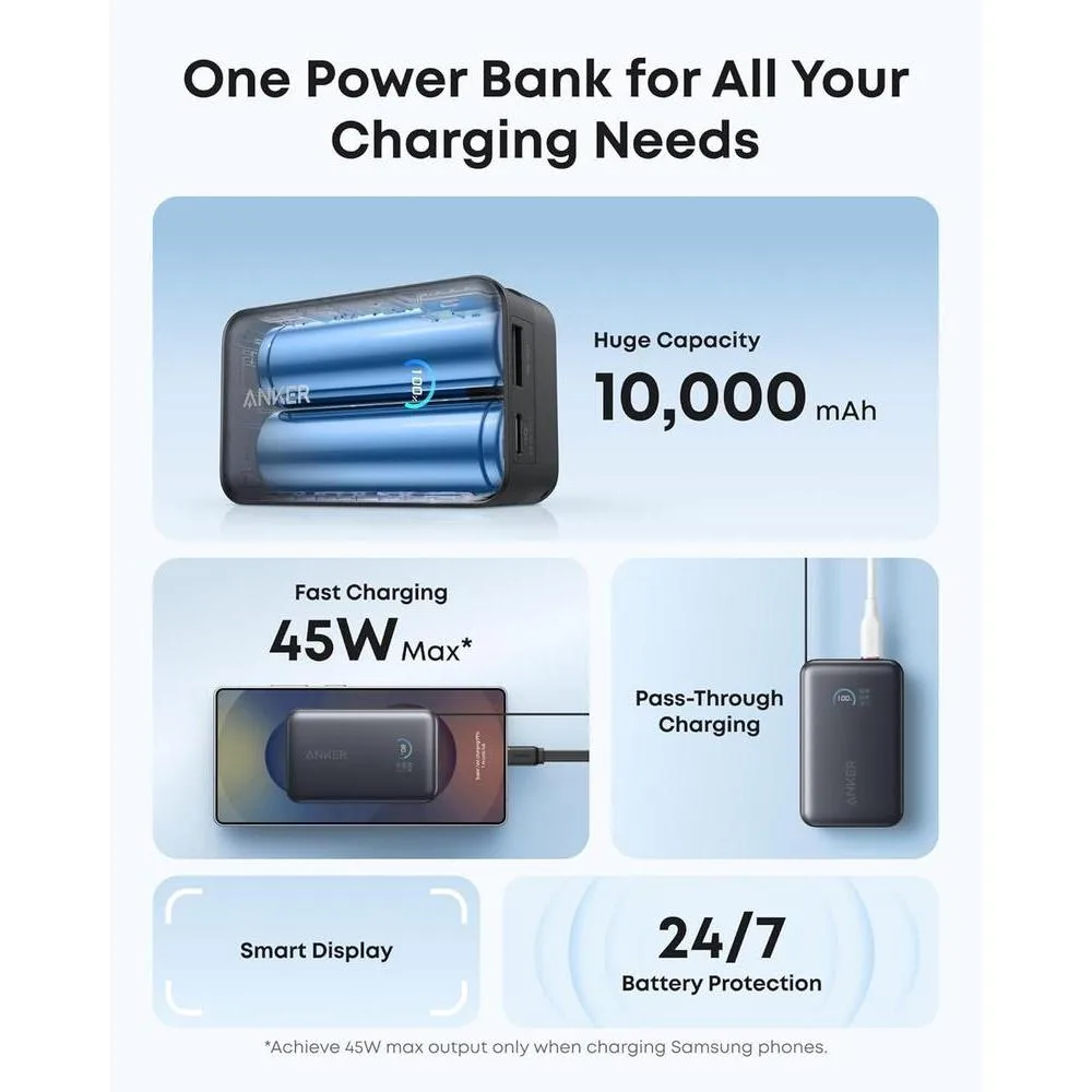 Anker Nano Power Bank, cargador portátil de 10,000 mAh con cable retráctil de alta potencia y pantalla inteligente