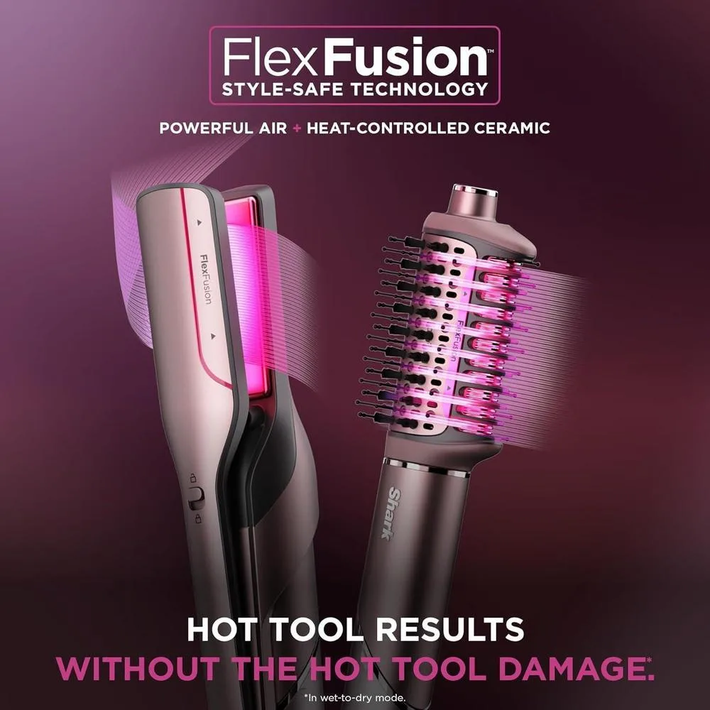 Shark FlexFusion: Plancha de pelo y potente secador con cepillo Fusion, estilo de aire cerámico y rizadores automáticos
