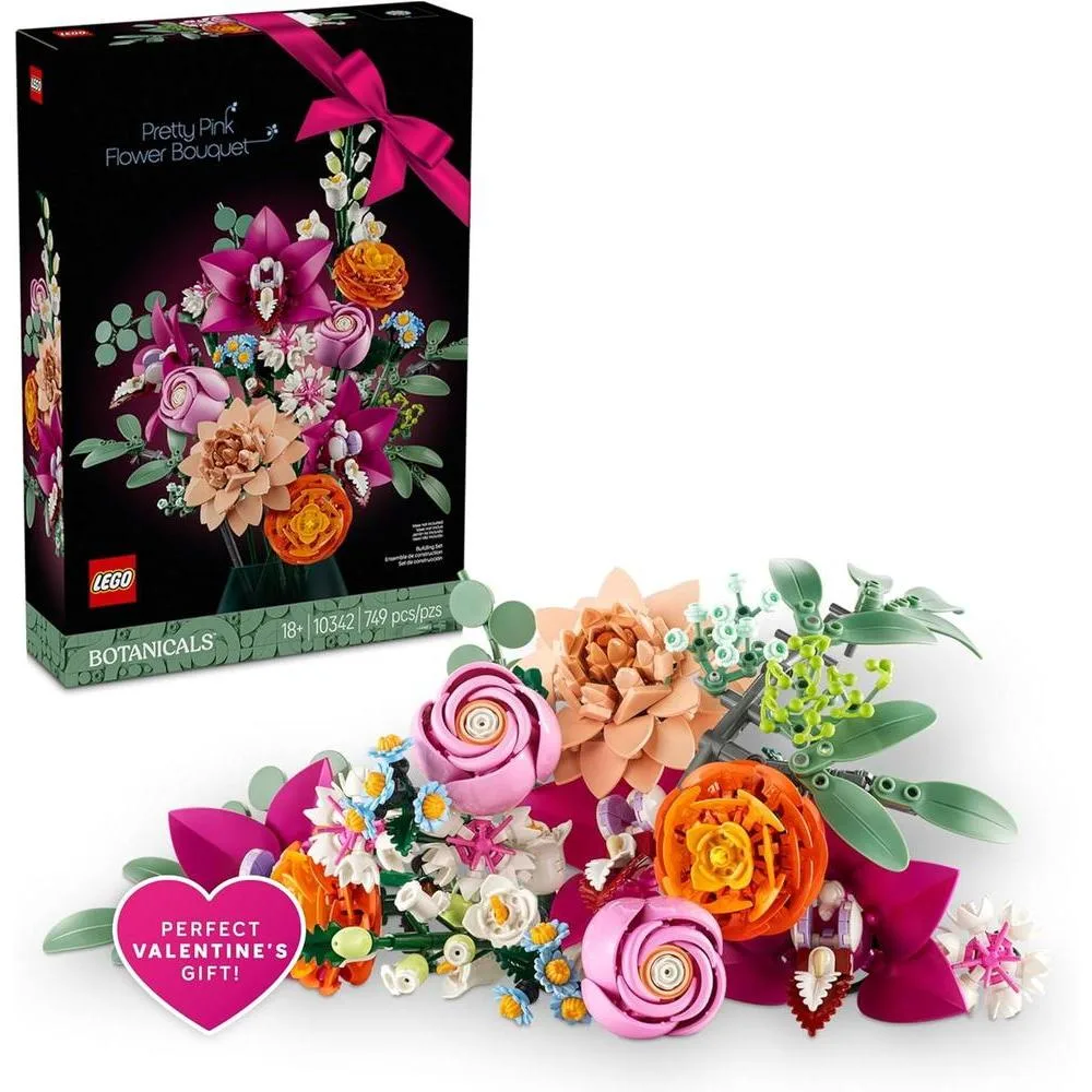 LEGO Botanicals Pretty Pink Flower Bouquet Building Sets for Adults - Artificial Flowers for Home Decor, Centerpieces for Tables - Gift for Valentines Day for Her & Him - 10342
