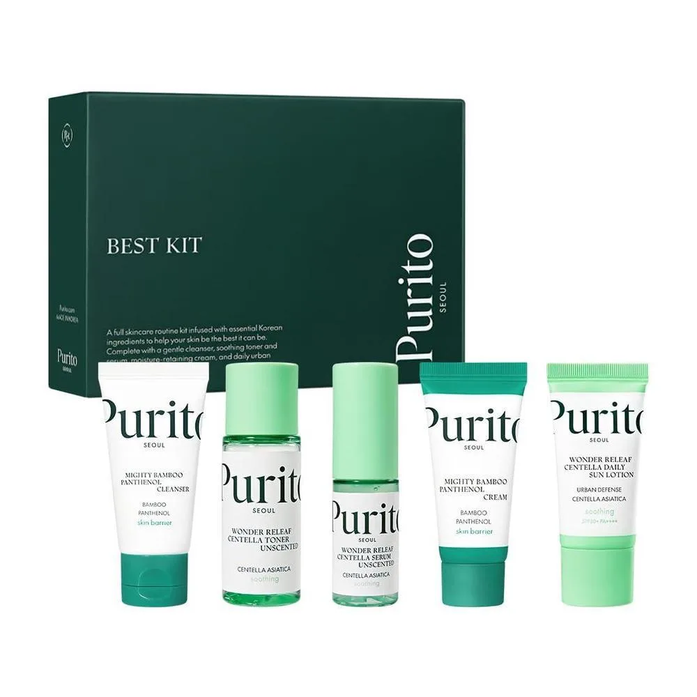 PURITO SEOUL Best Kit - Rutina de cuidado de la piel con limpiador y crema de pantenol, suero y tóner Centella sin perfume, para todo tipo de piel, juego de regalo, para cara, suero facial, K-Beauty