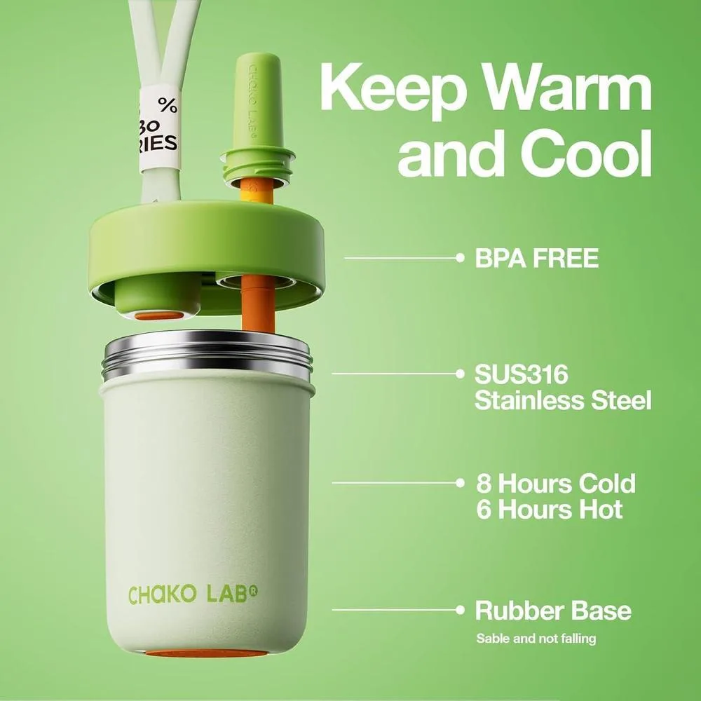 Botella de agua para niños de acero inoxidable, correa y tapa botón, diseño portátil y seguro para viajes, verde matcha