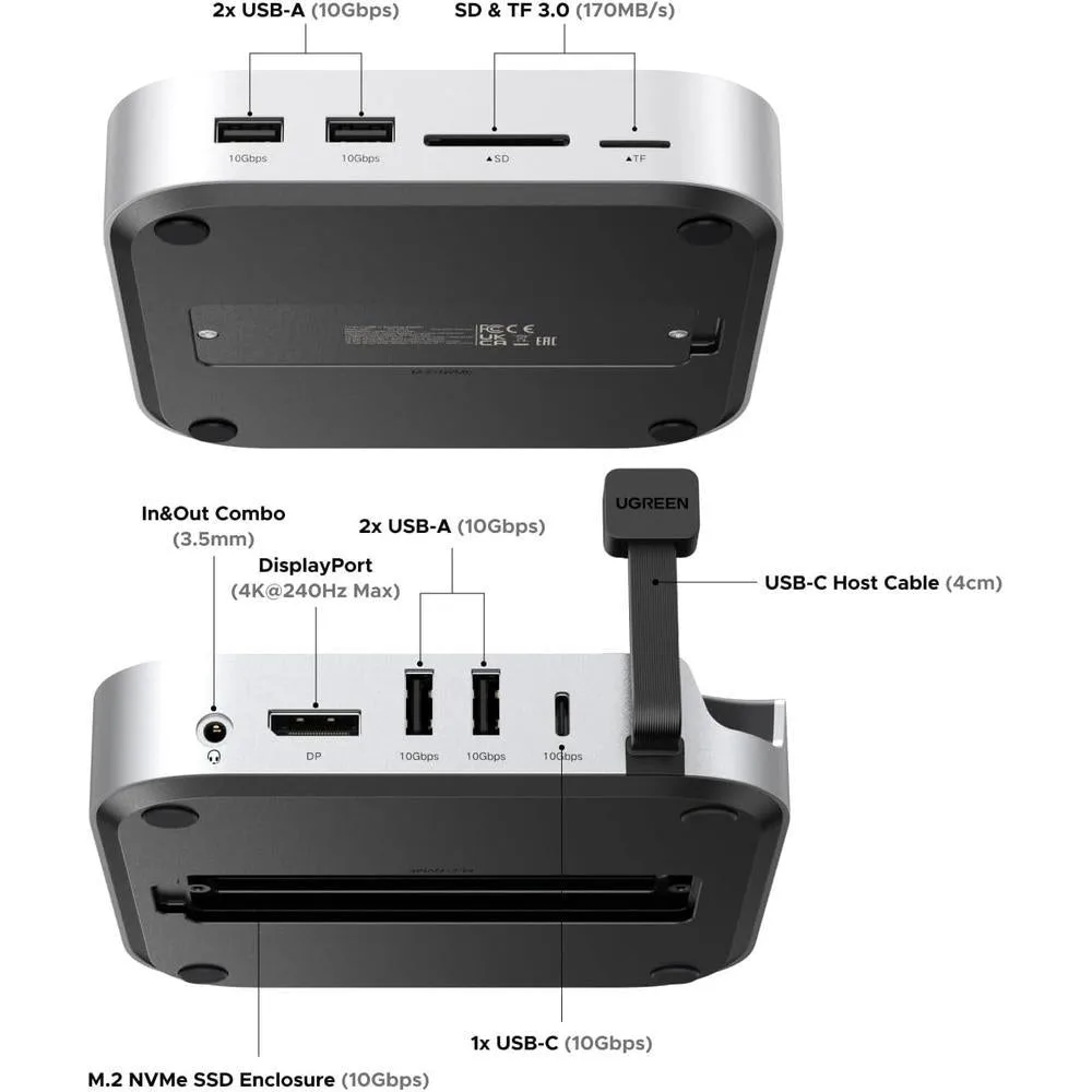 UGREEN Dock con Soporte DP Hub para Mac mini M4/M4 Pro 2024, SSD M.2 NVMe, Conectividad 10G, 4K, USB A/C, SD/TF, Audio