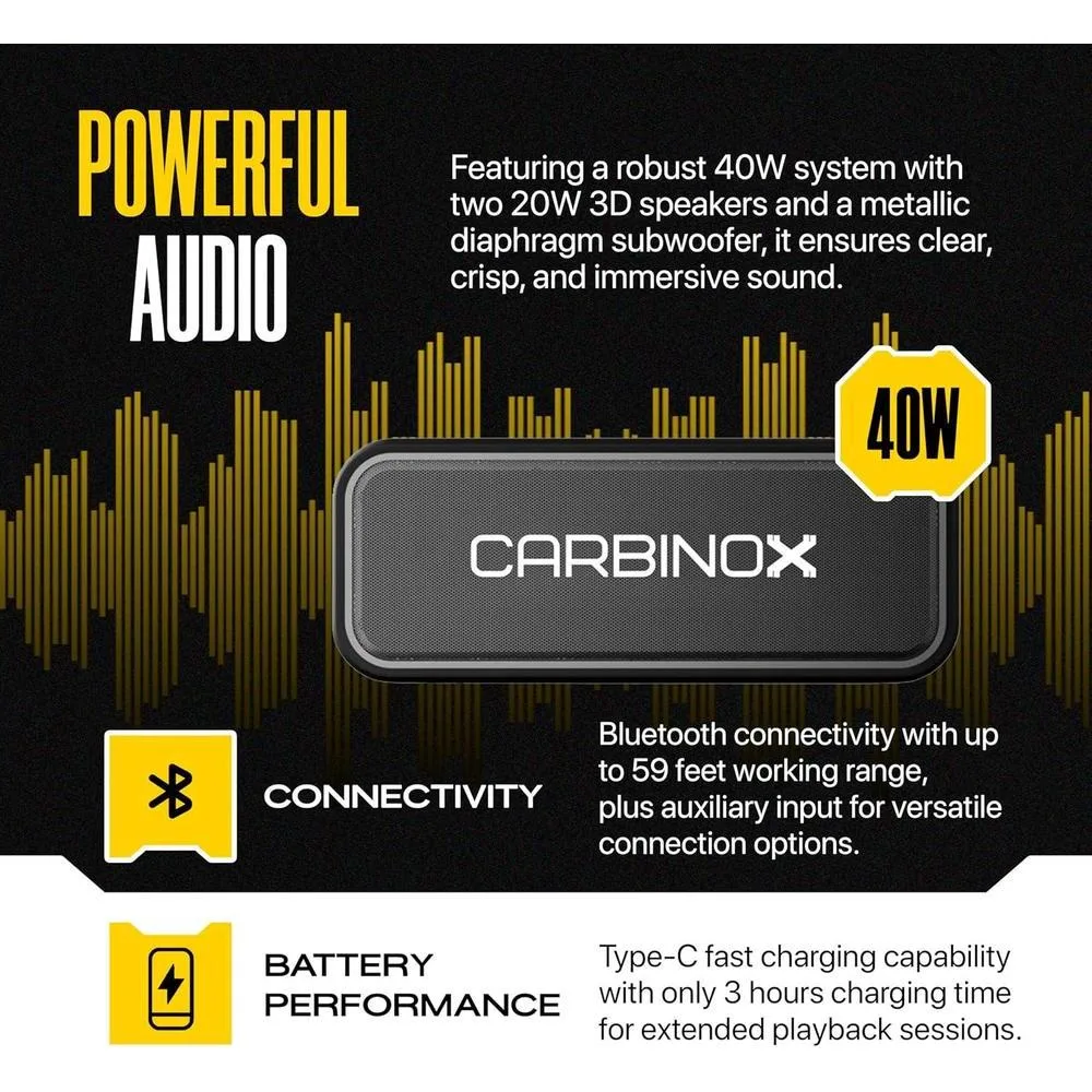 Altavoz Bluetooth portátil CARBINOX con impermeabilidad IPX7, carga rápida usb-C, sonido 3D, color negro