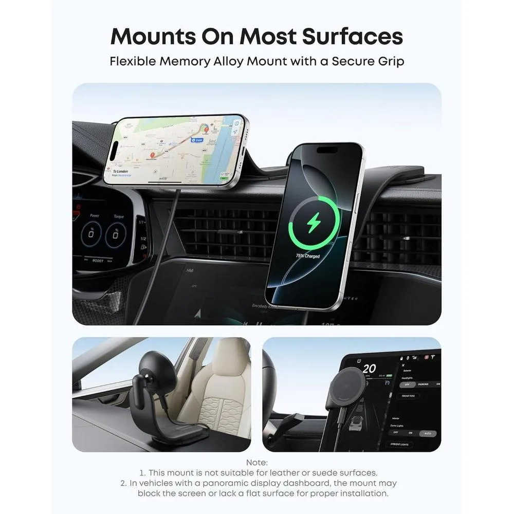 Cargador inalámbrico magnético para coche Anker, montaje ajustable 360°, 15 W Qi2 certificado con soporte de aleación para iPhone