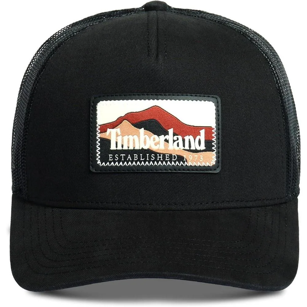Gorra de hombre Timberland diseño camionero con parche montaña, ajuste de broche y banda anti-humedad