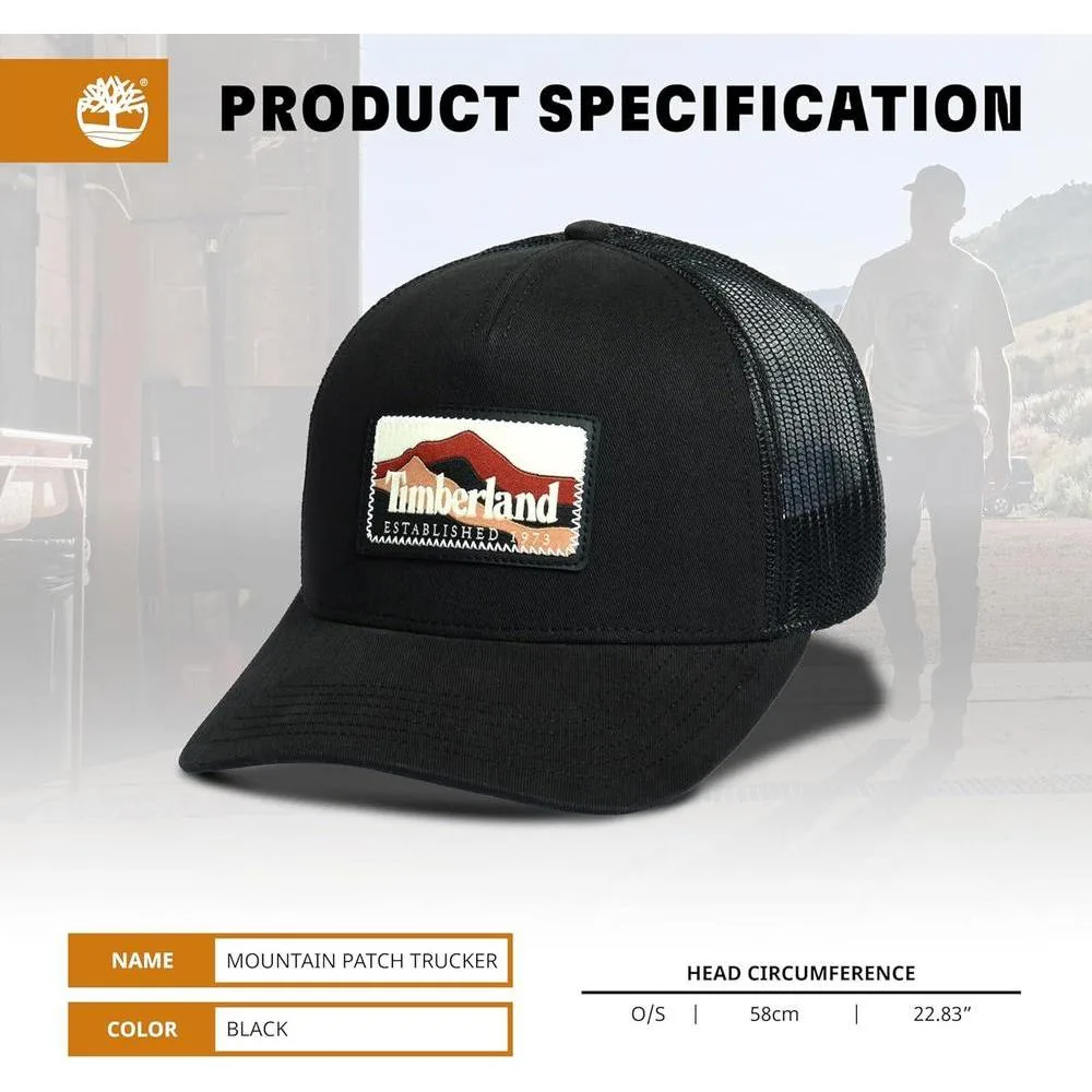 Gorra de hombre Timberland diseño camionero con parche montaña, ajuste de broche y banda anti-humedad