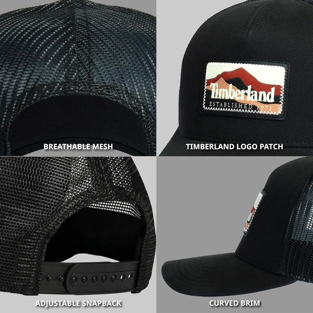 Gorra de hombre Timberland diseño camionero con parche montaña, ajuste de broche y banda anti-humedad