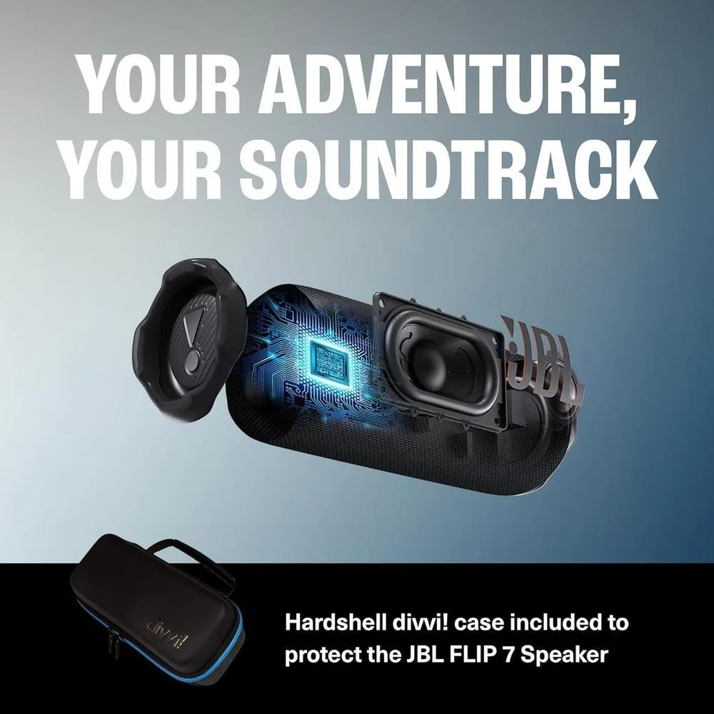 Altavoz Bluetooth JBL Flip 7 con funda protectora Divvi! para sonido potente y resistencia a agua, polvo y caídas