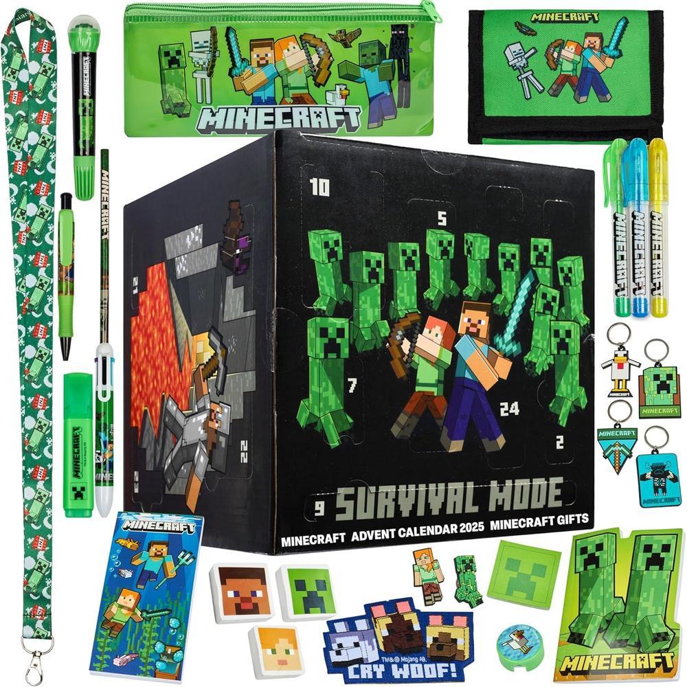 Minecraft Advent Calendar 2025 for Boys with 24 Items, Stationery, Pencils, Notebooks, Creeper Gamer Xmas Gifts (Black Cube)