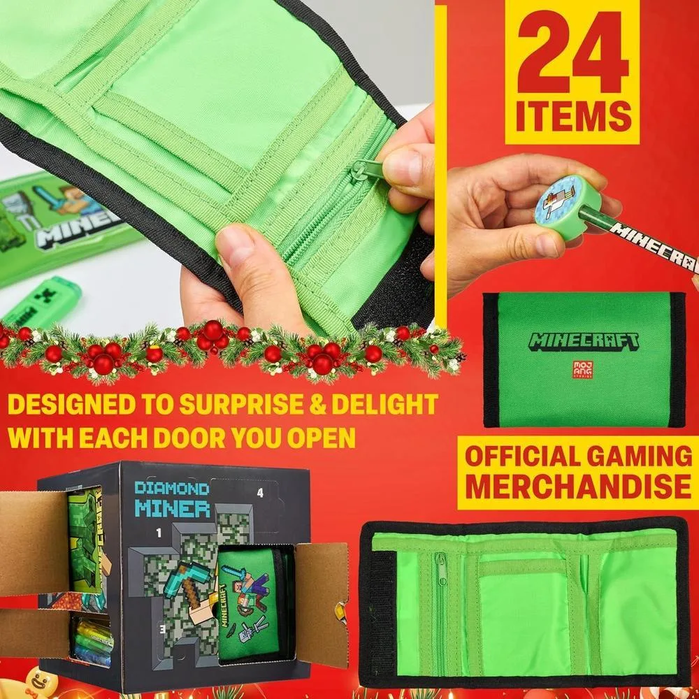 Calendario de Adviento Minecraft 2025 para niños con 24 artículos de papelería temática, ideal para regalos navideños