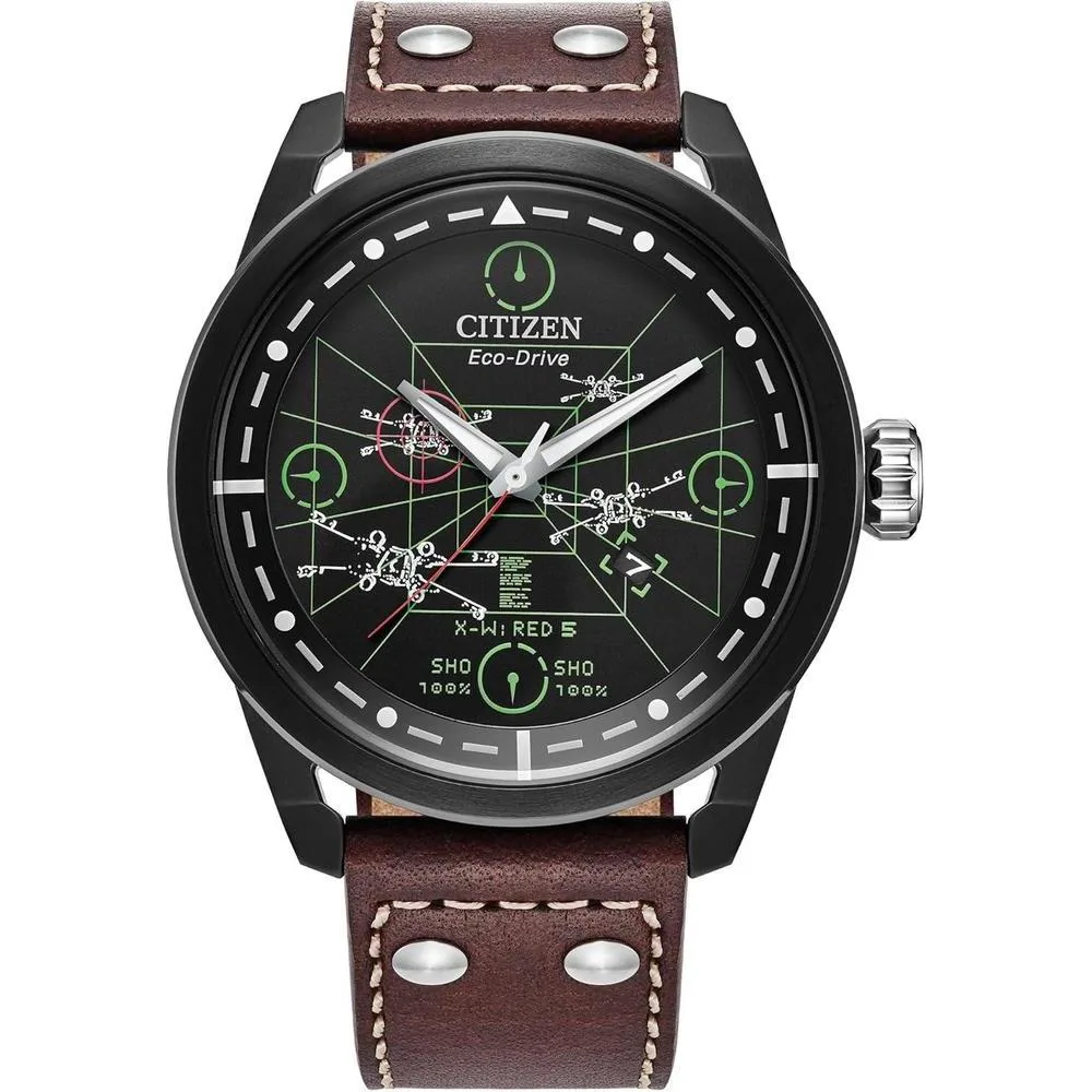 Citizen Men's Eco-Drive X-Wing and Tie Fighter, Ion-Plated Stainless Steel Case, Brown Leather Strap Watch (Model:AW1738-05W)