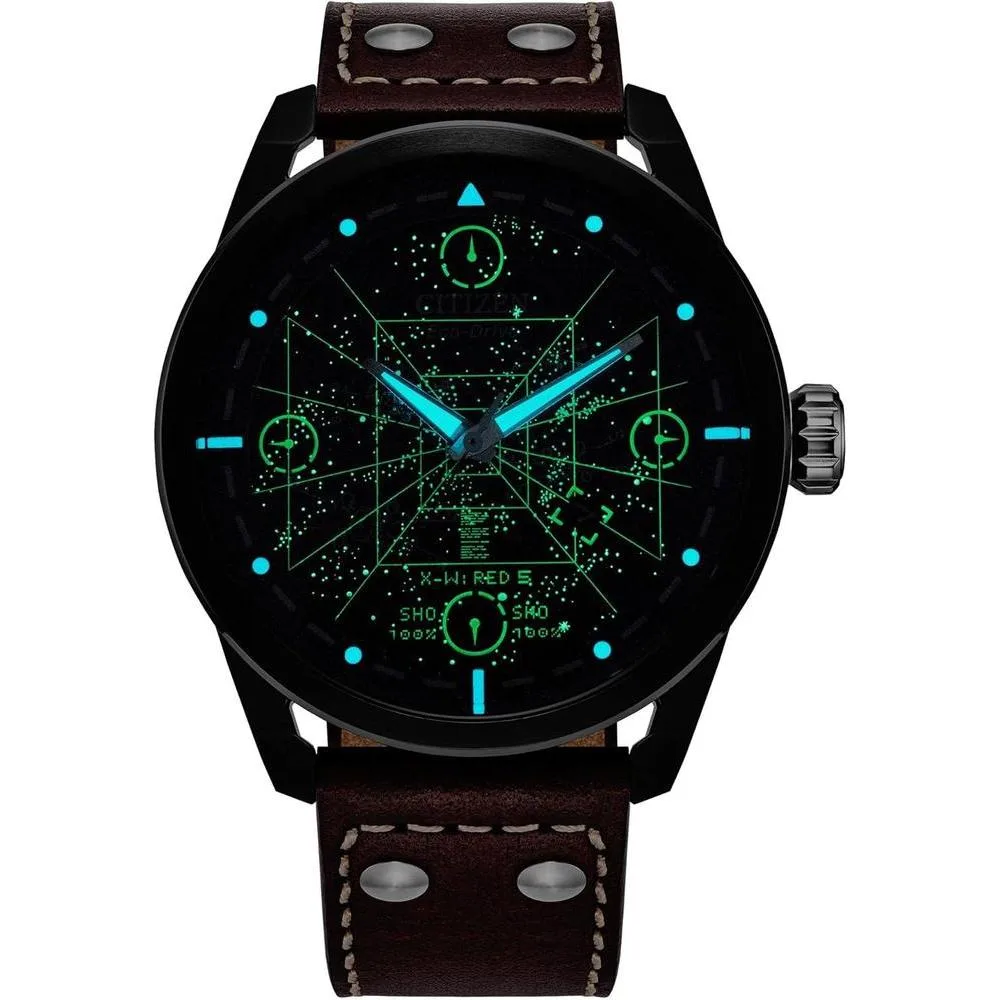 Reloj Citizen Eco-Drive X-Wing y Tie Fighter de acero inoxidable, correa de cuero marrón, modelo AW1738-05W