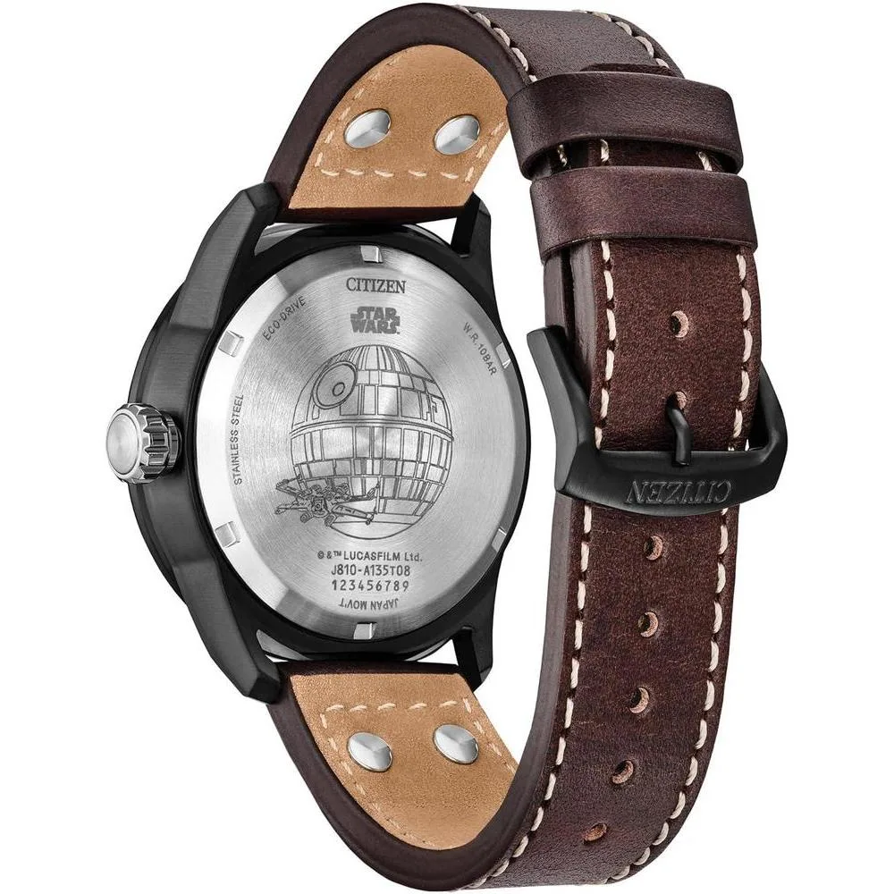 Reloj Citizen Eco-Drive X-Wing y Tie Fighter de acero inoxidable, correa de cuero marrón, modelo AW1738-05W